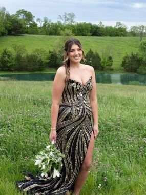 Strapless Black & Gold Sequin Prom Dress with High Slit
